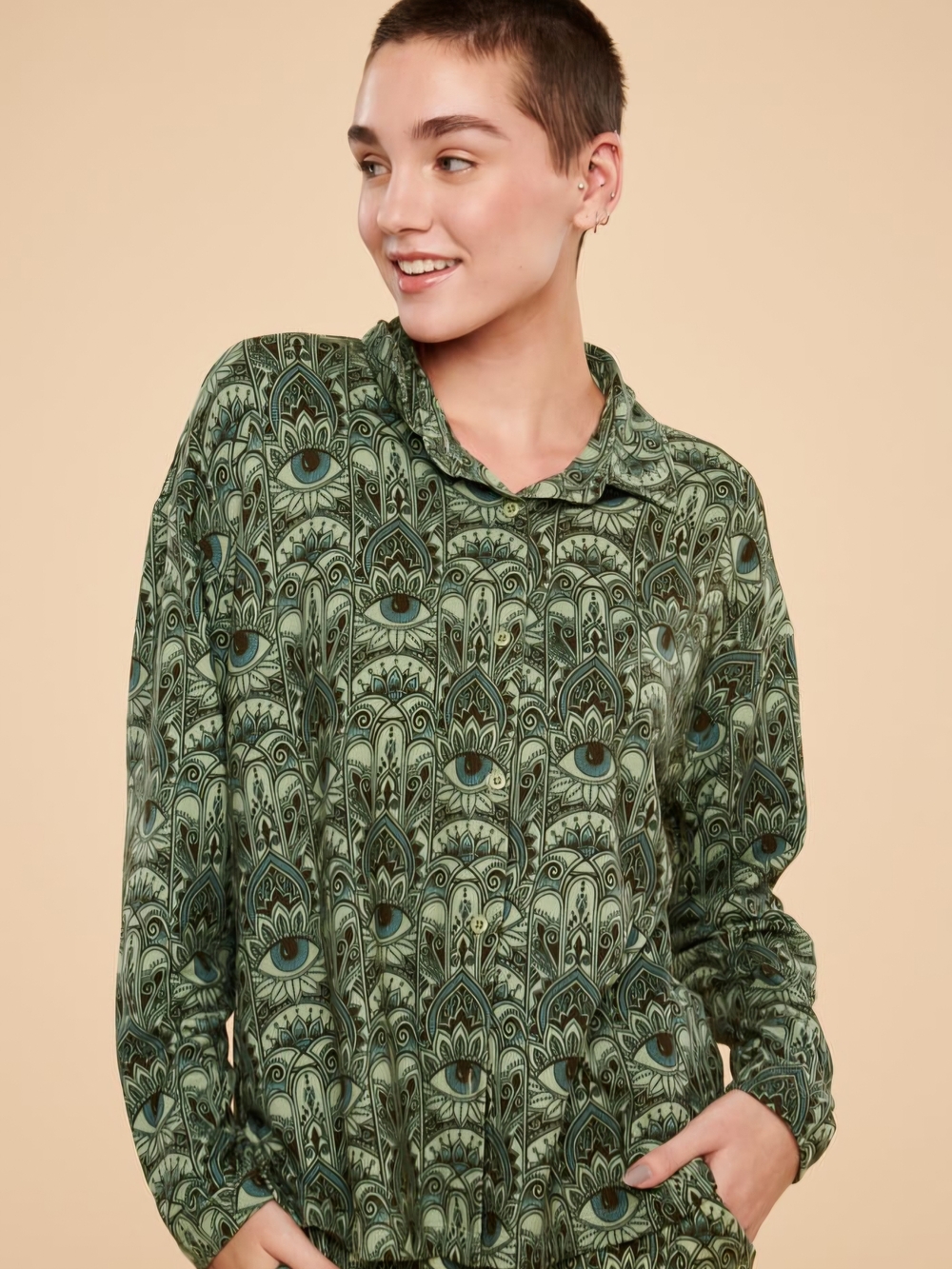 Earthbound Trading Co Green Evil Eye Boho Button Up Layering Shirt, Small